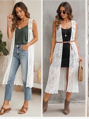 Chelsea & Theodore White Crochet Long Open Vest Cover-Up